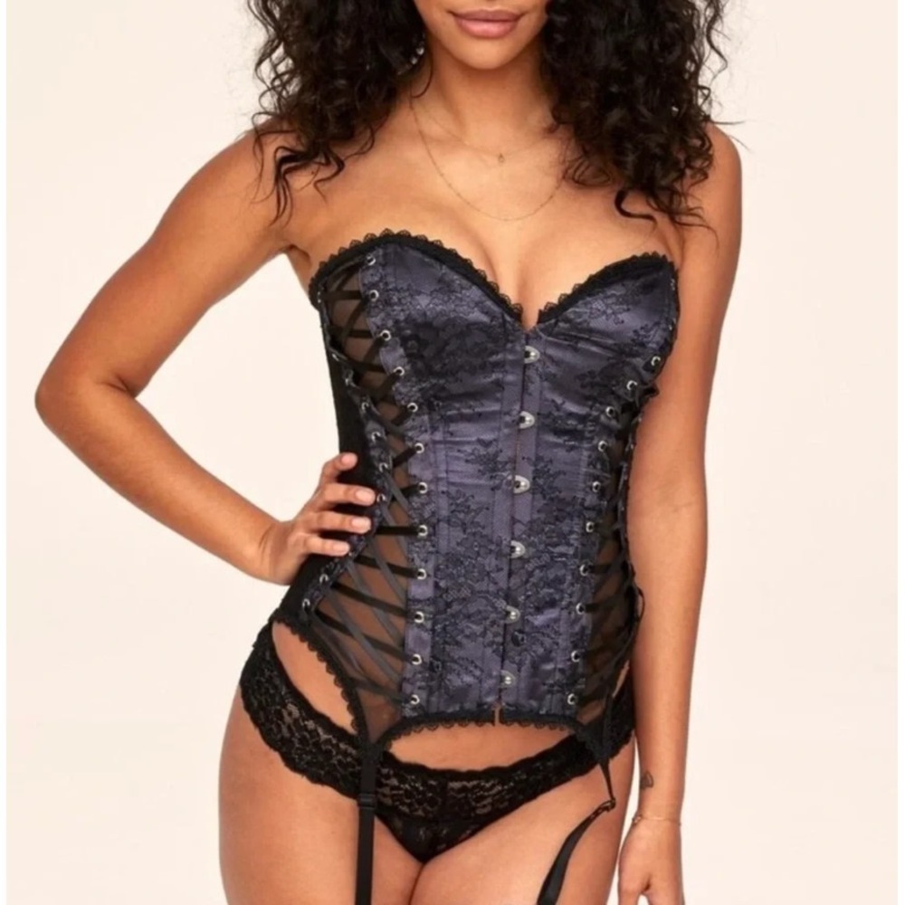 Adore Me Corset Black & Purple Lacy Adjustable Lingerie Garter Halloween S NWT